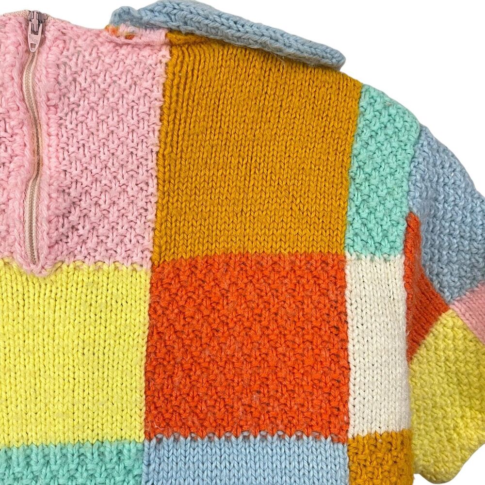 Vintage Peterpan Collar Brady Bunch Groovy Checkered Sweater 70s Patchwork M - Picture 13 of 14